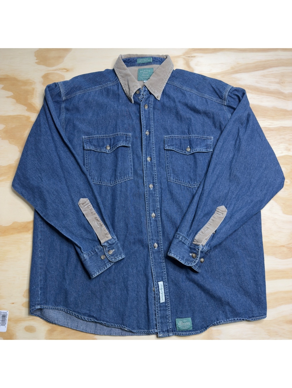 VTG Baxter Brand Denim Cotton Button Up Corduroy Collar and Accent Size L